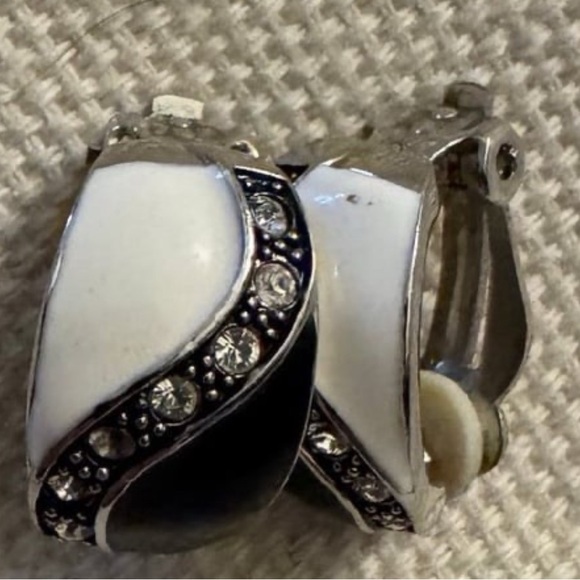 Black White and Silver Vintage Clip On Earrings with cubic zirconia. - Picture 2 of 8